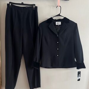 Kasper Black Pantsuit Set beautiful rhinestone buttons and velvet cuffs.